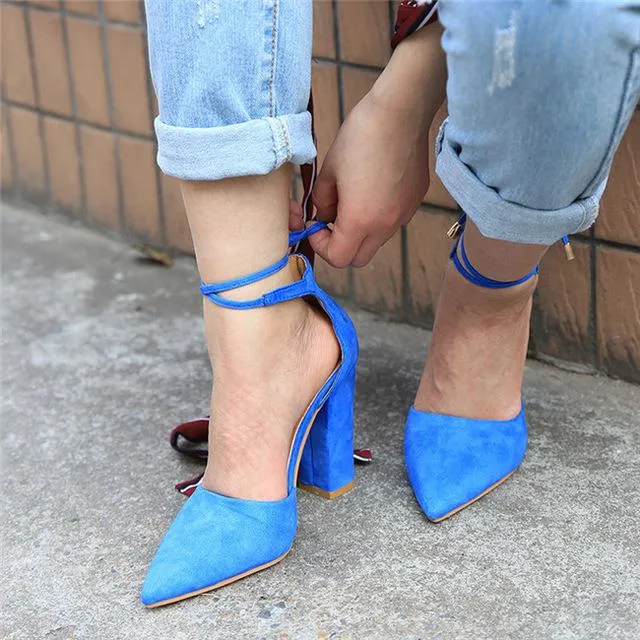 6 Colors Pointed Strappy Lace Up Pumps with Sexy Retro High Thick Heels