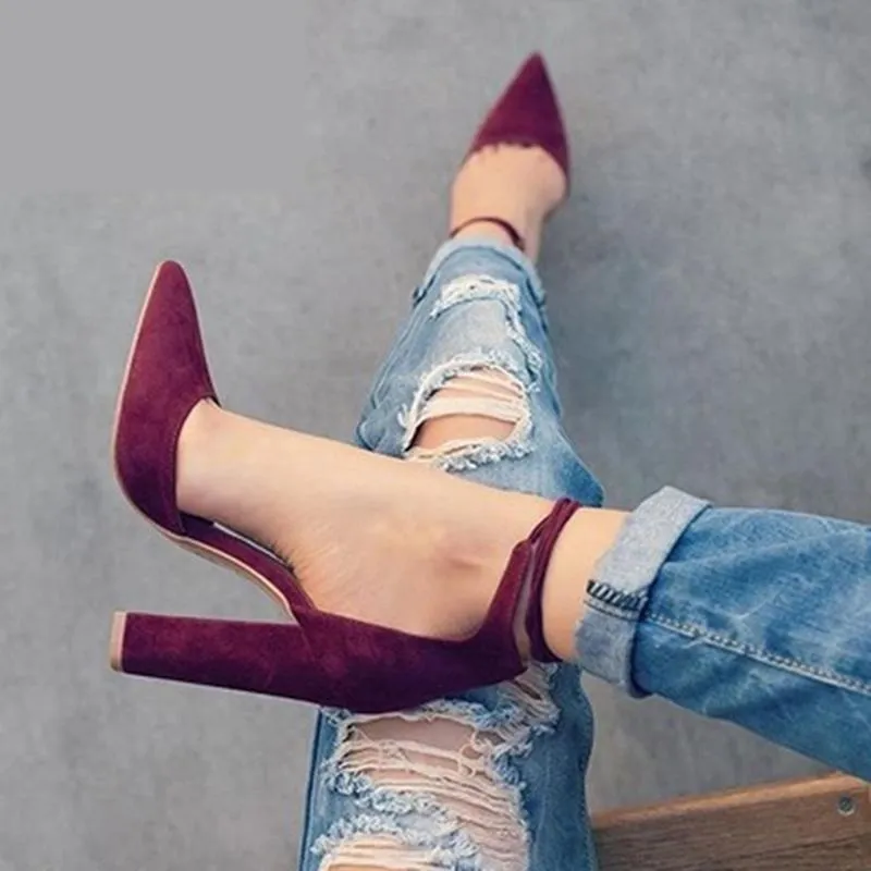 6 Colors Pointed Strappy Lace Up Pumps with Sexy Retro High Thick Heels