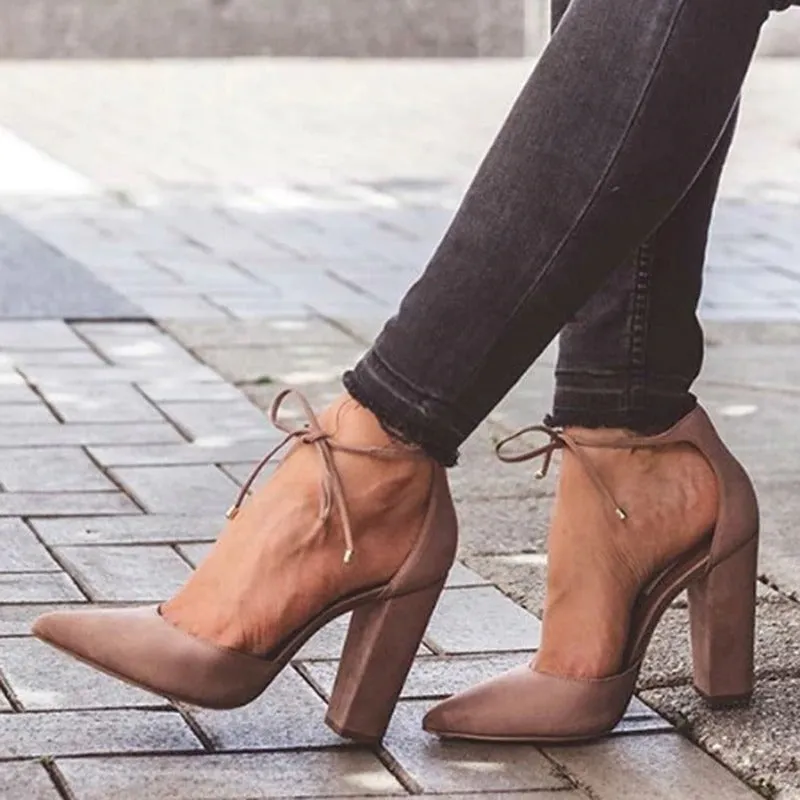 6 Colors Pointed Strappy Lace Up Pumps with Sexy Retro High Thick Heels