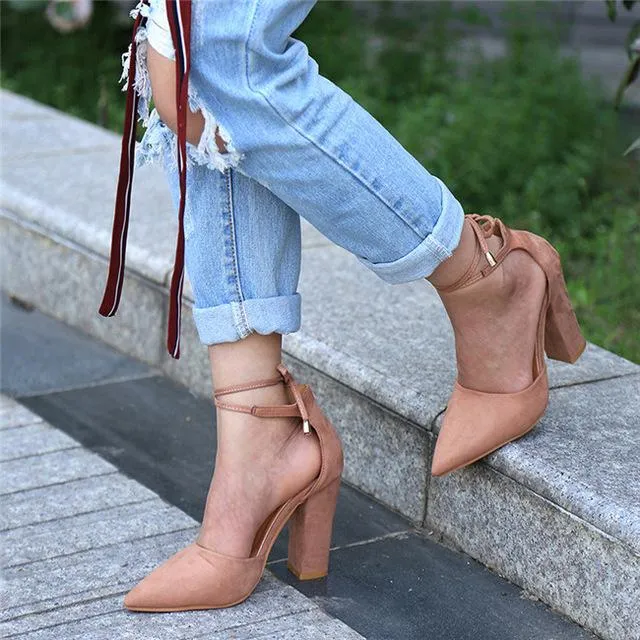 6 Colors Pointed Strappy Lace Up Pumps with Sexy Retro High Thick Heels