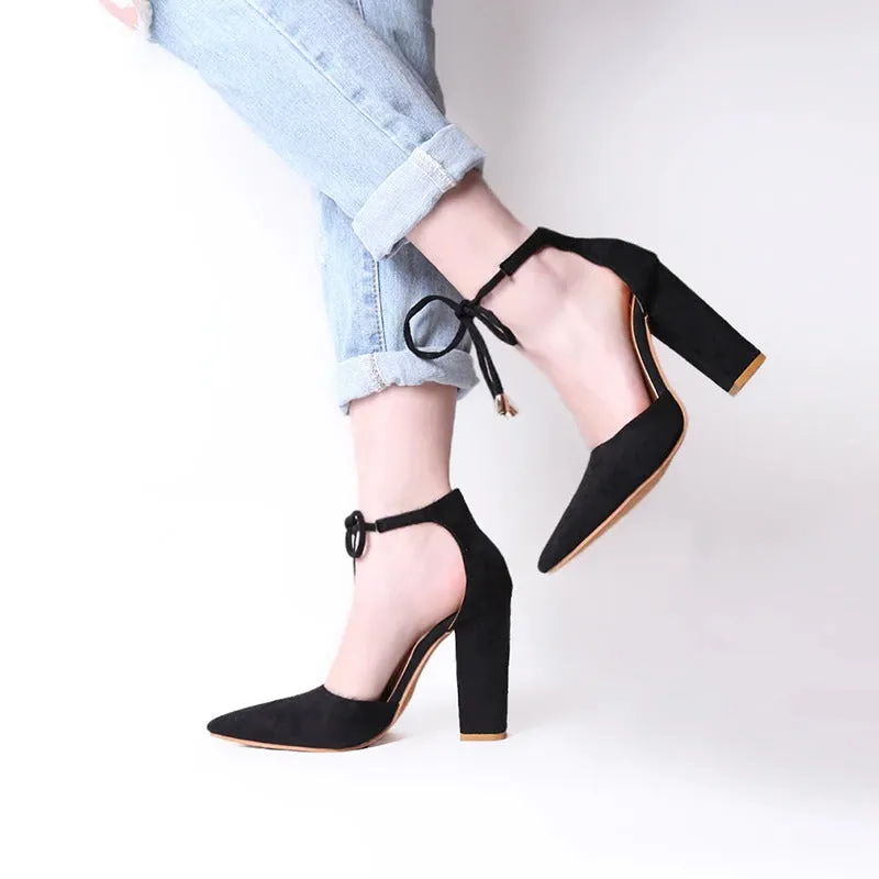 6 Colors Pointed Strappy Lace Up Pumps with Sexy Retro High Thick Heels