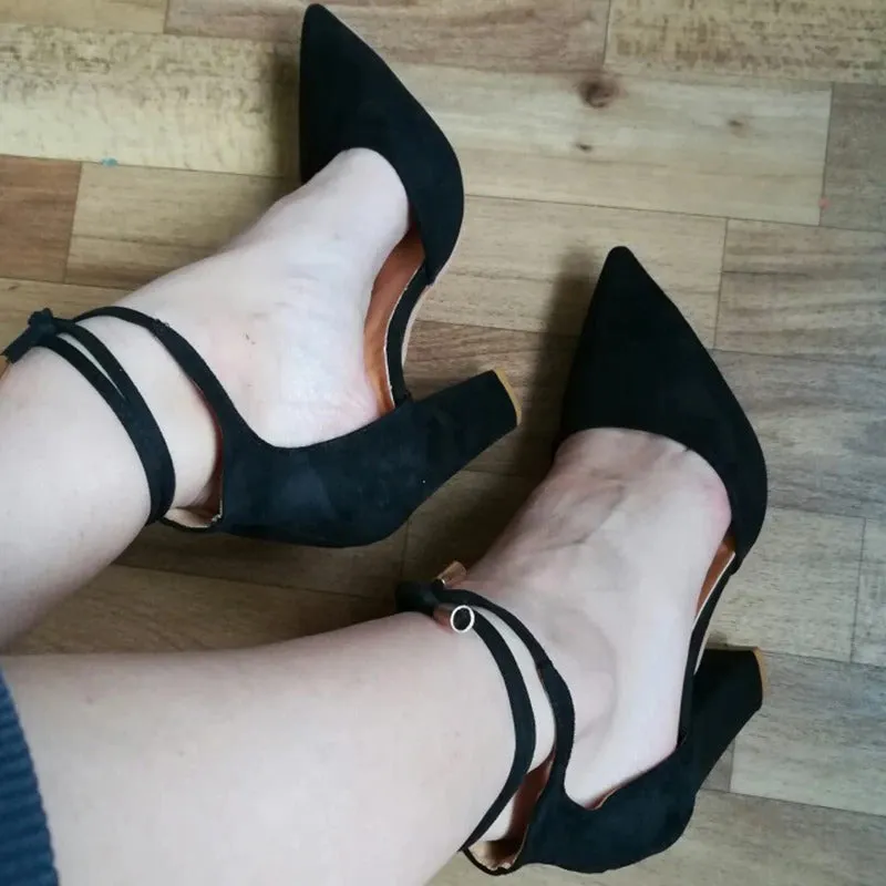 6 Colors Pointed Strappy Lace Up Pumps with Sexy Retro High Thick Heels