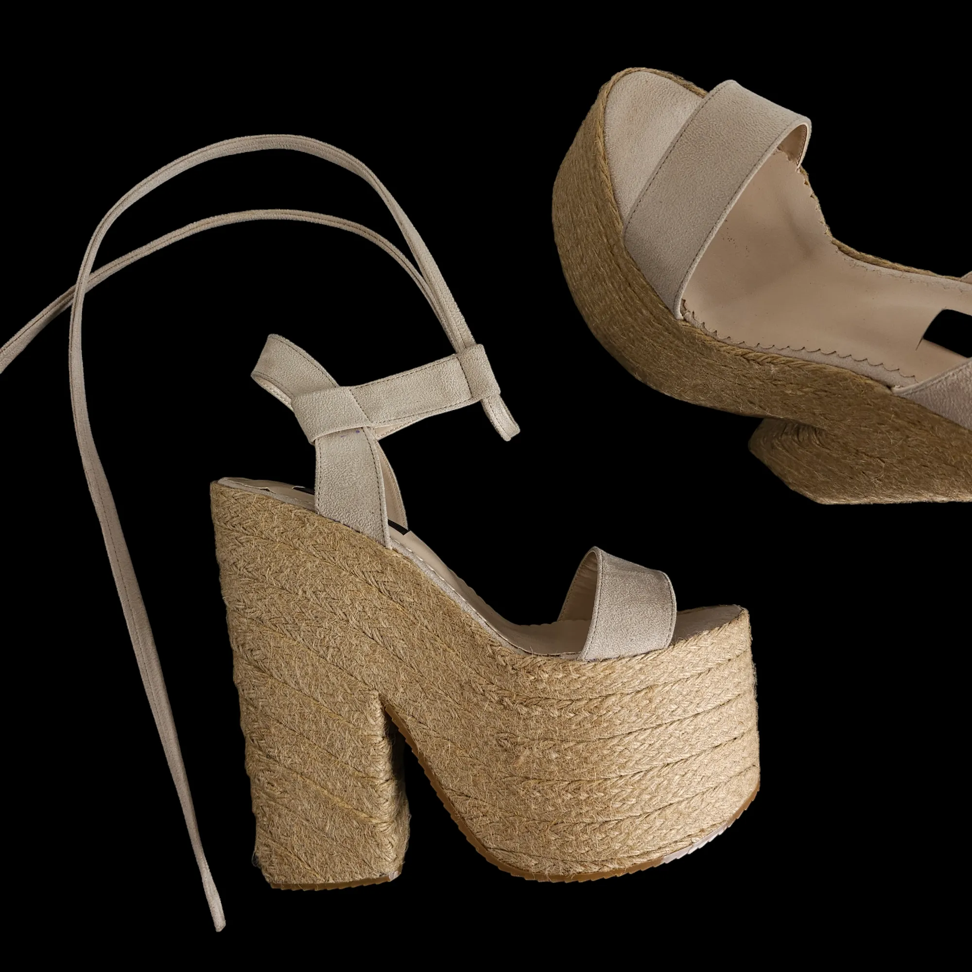 Beige Espadrille High Heel Wedge Platfrom Sandals Lace Up