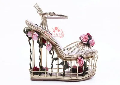 Bird Cage Platforms Bohemian Gold Or Silver Wedge Sandals With Tiny Pink Roses Runway Shoes Avaiilable In Sizes 6 - 10