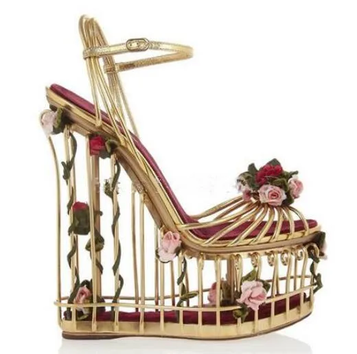 Bird Cage Platforms Bohemian Gold Or Silver Wedge Sandals With Tiny Pink Roses Runway Shoes Avaiilable In Sizes 6 - 10