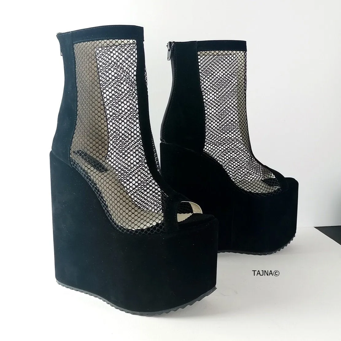 Black Fishnet Ankle Wedge Platforms