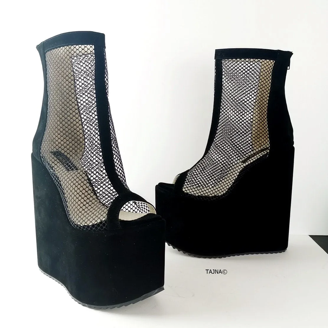 Black Fishnet Ankle Wedge Platforms