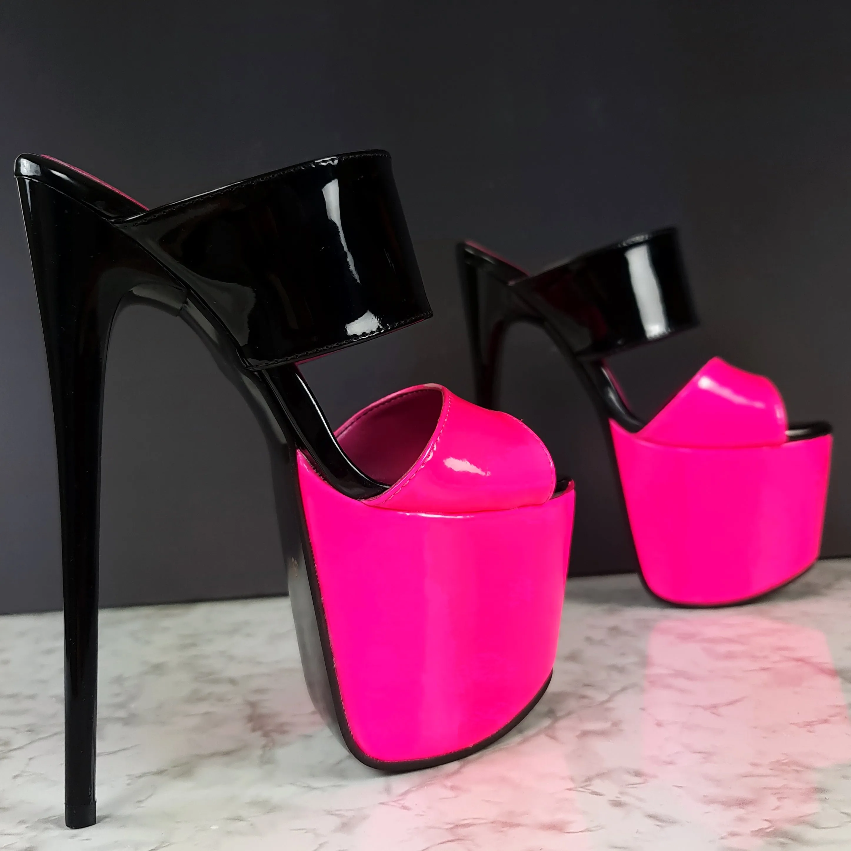 Black Neon Pink Gloss Double Strap Mules