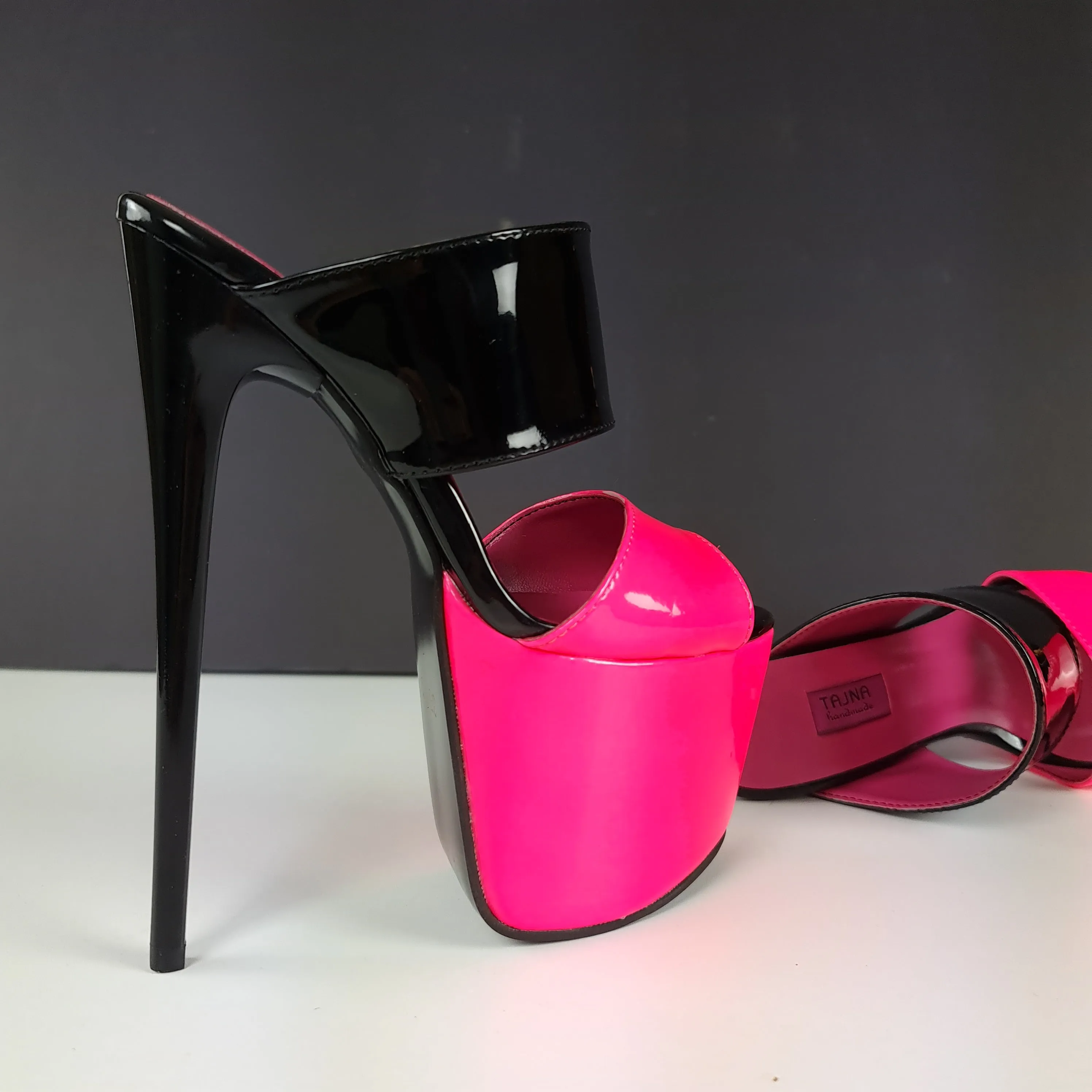 Black Neon Pink Gloss Double Strap Mules