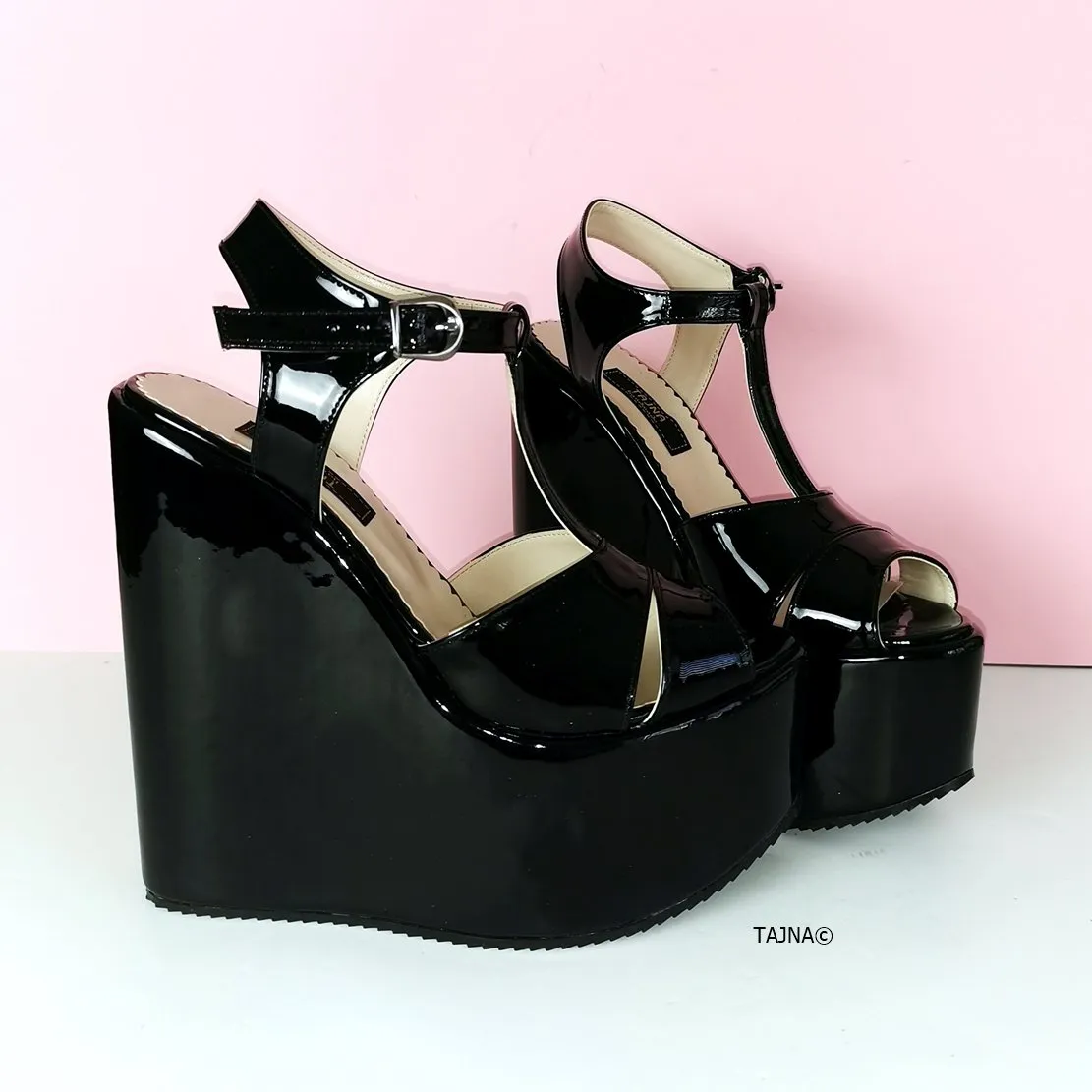 Black Patent Extreme Heel Wedge Sandals