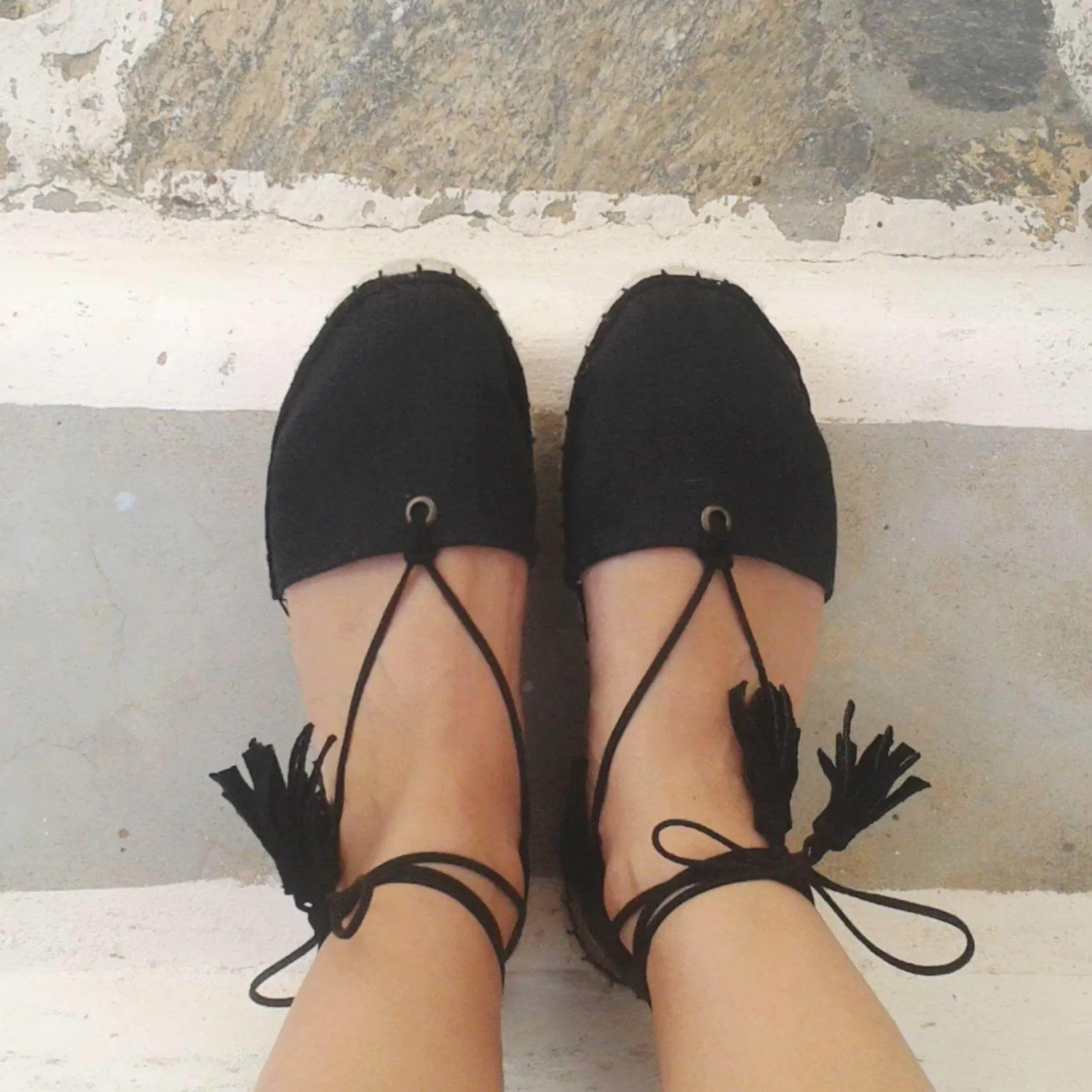 Boho Lace Up Espadrilles - Black - Double Sole