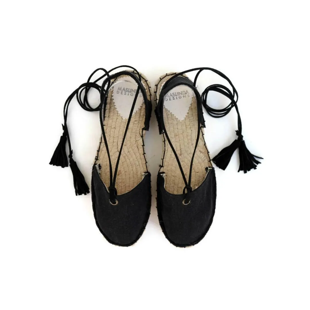 Boho Lace Up Espadrilles - Black - Double Sole