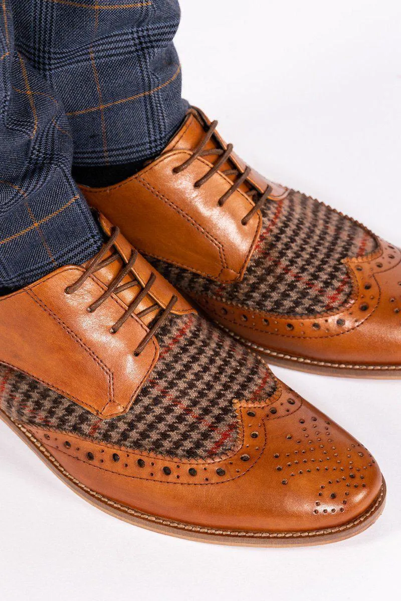 JACOB - Tan Leather Tweed Contrast Brogue Shoe