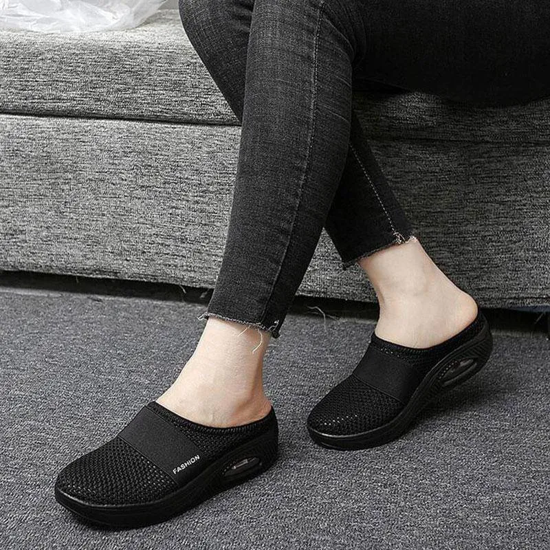 Libiyi Women Daily Fly Knit Fabric Summer Air Cushion Mule Slippers