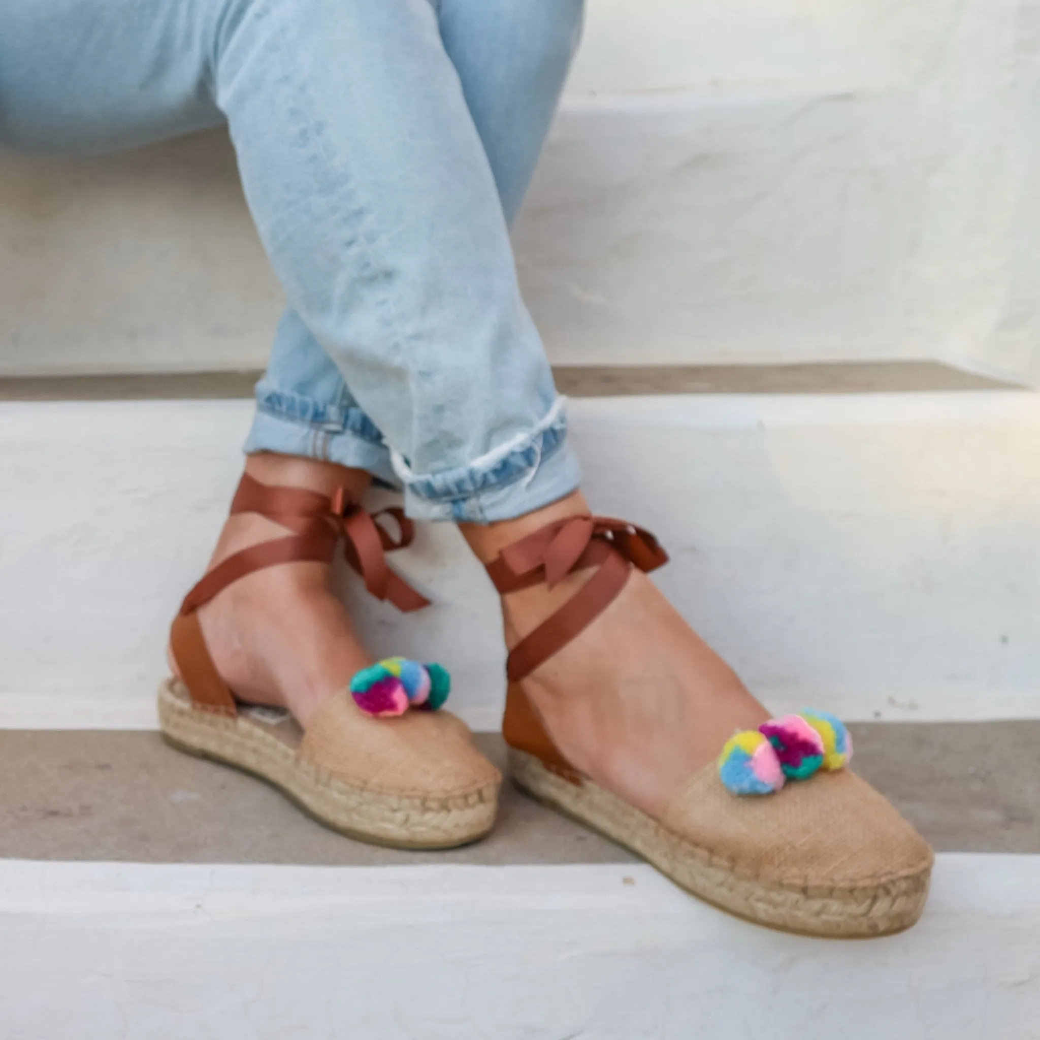 Pom Pom Raffia Espadrilles - Double Sole