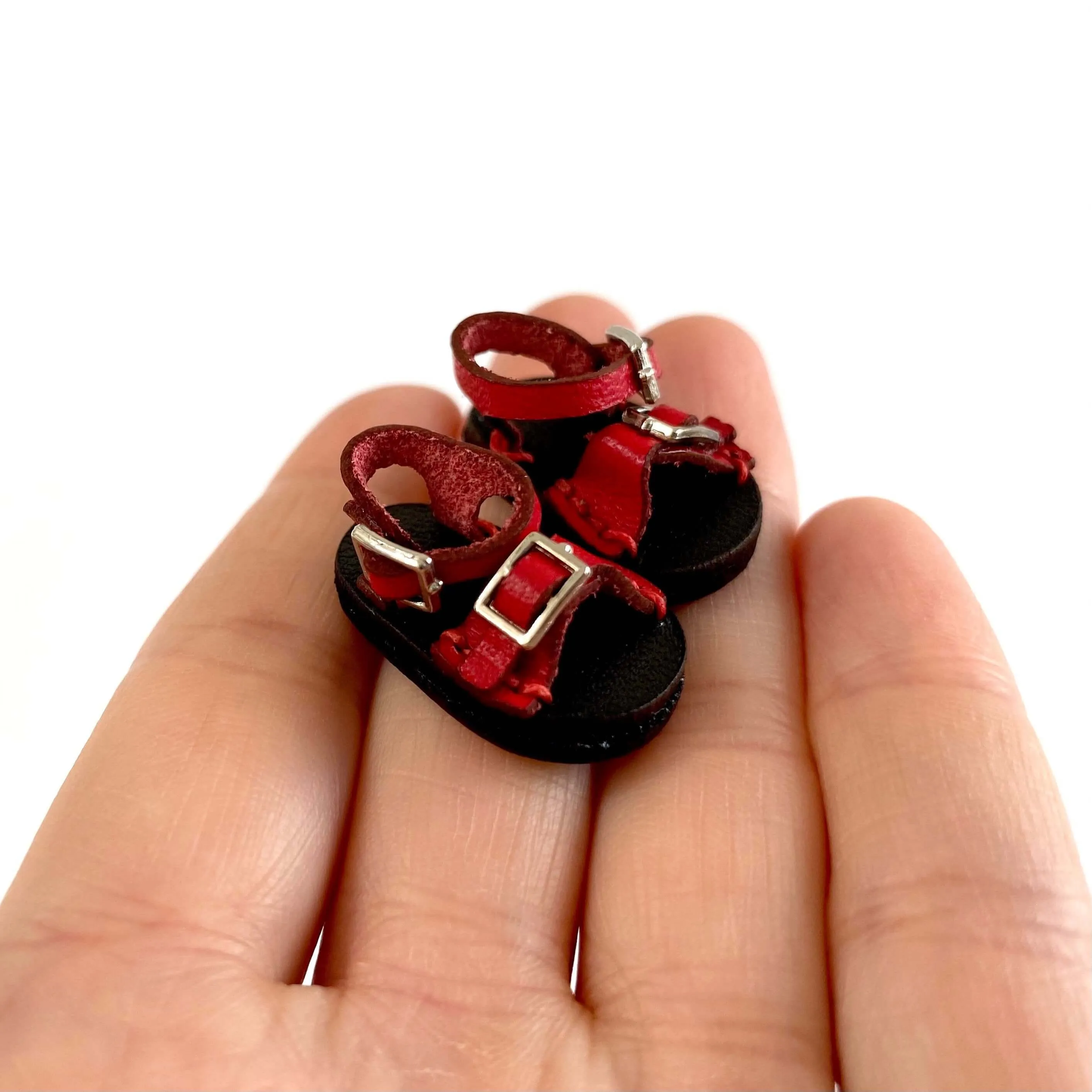 Red leather doll sandals OB11 doll shoes 1/12 shoes