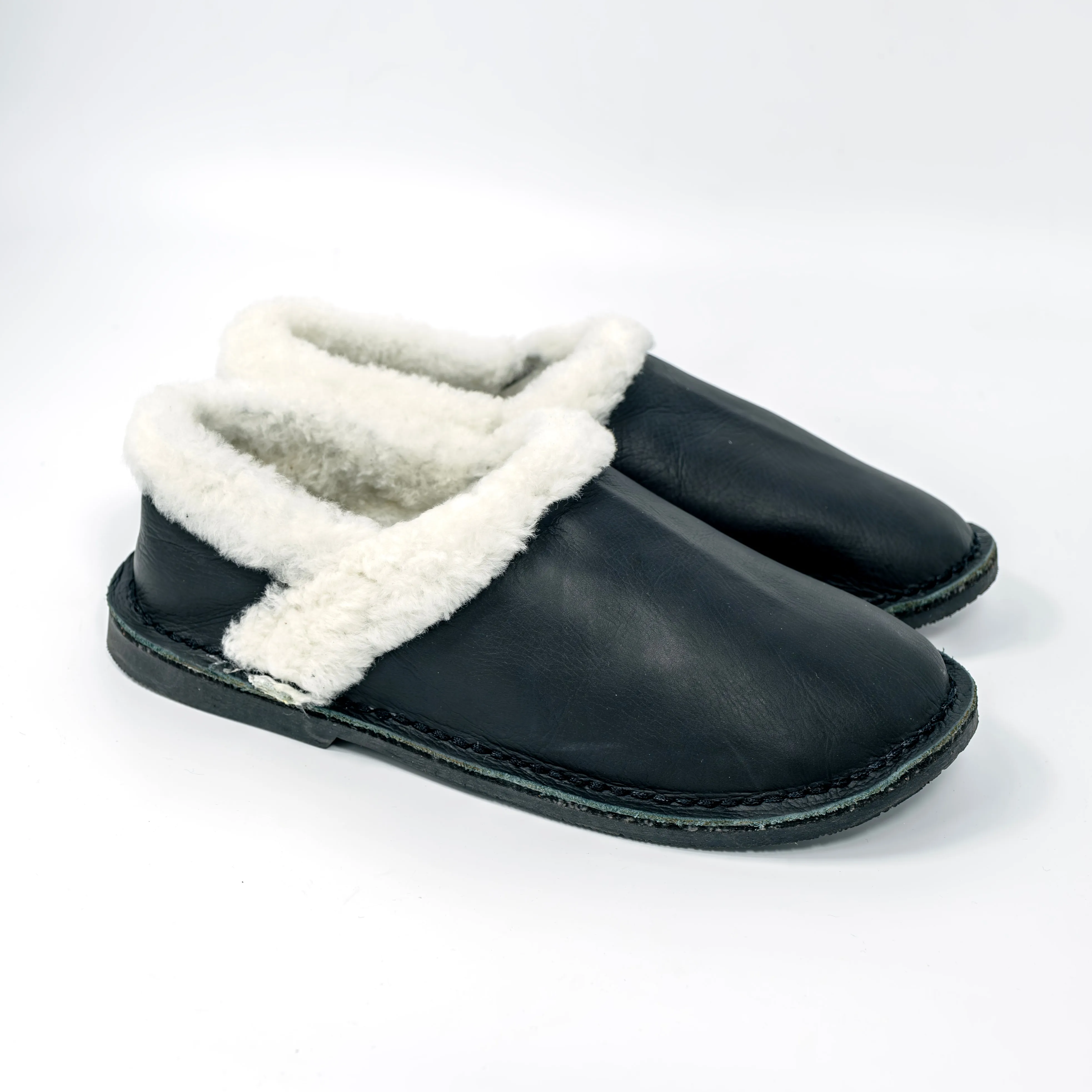 Unisex Genuine Leather Wool Slippers (Black)