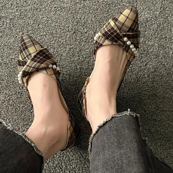 Women's Casual Plaid Pearl Pointed Toe Slip-On Flats 38569047S