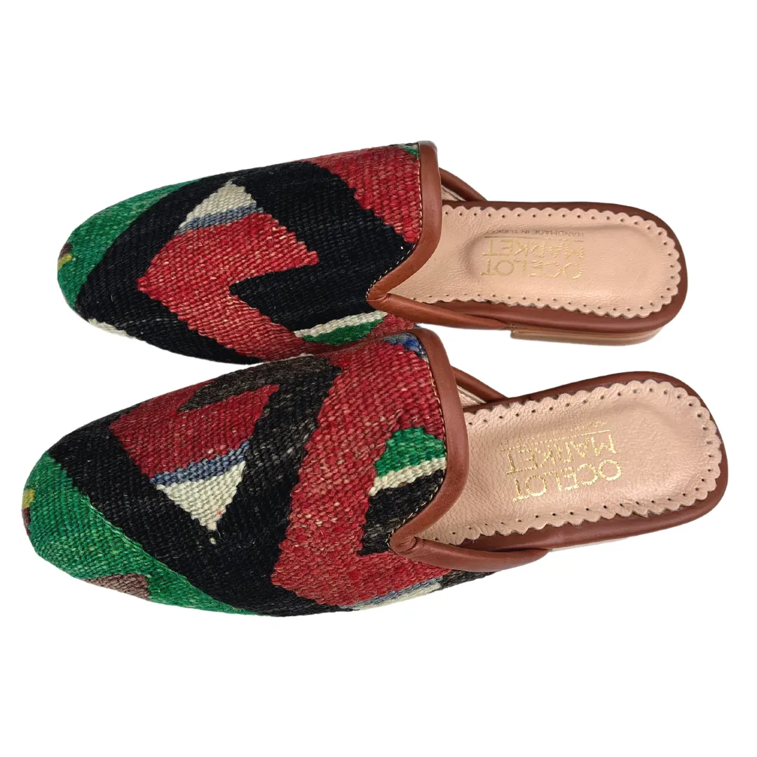 Women's Turkish Kilim Mule Red, Black & Green