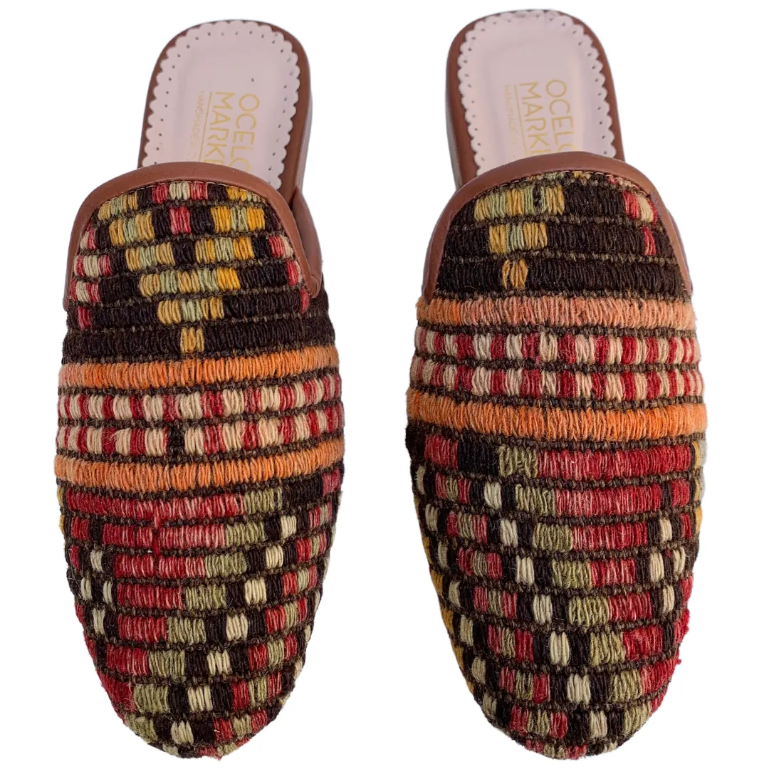 Women's Turkish Kilim Mules | Multicolor Red Pattern