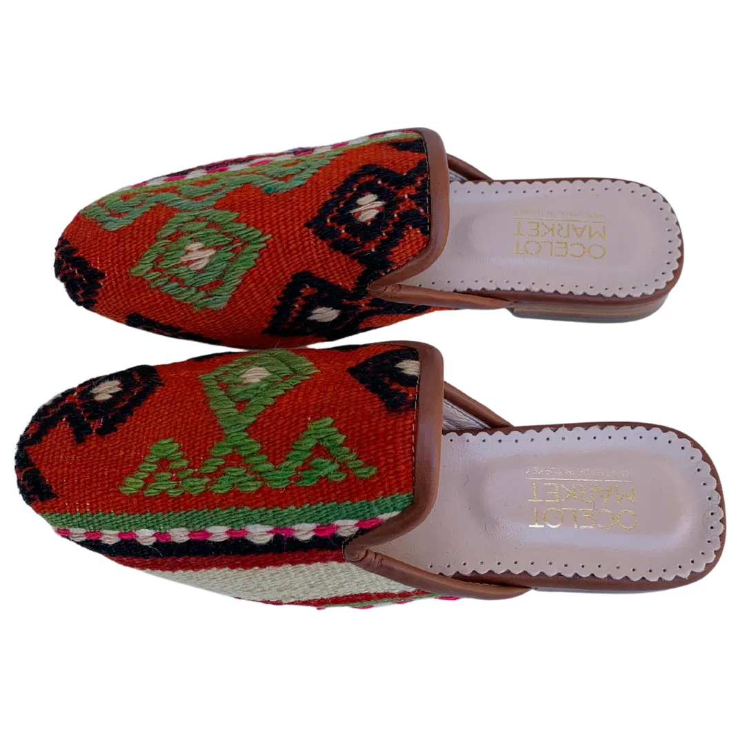 Women's Turkish Kilim Mules | Orange with Light Green