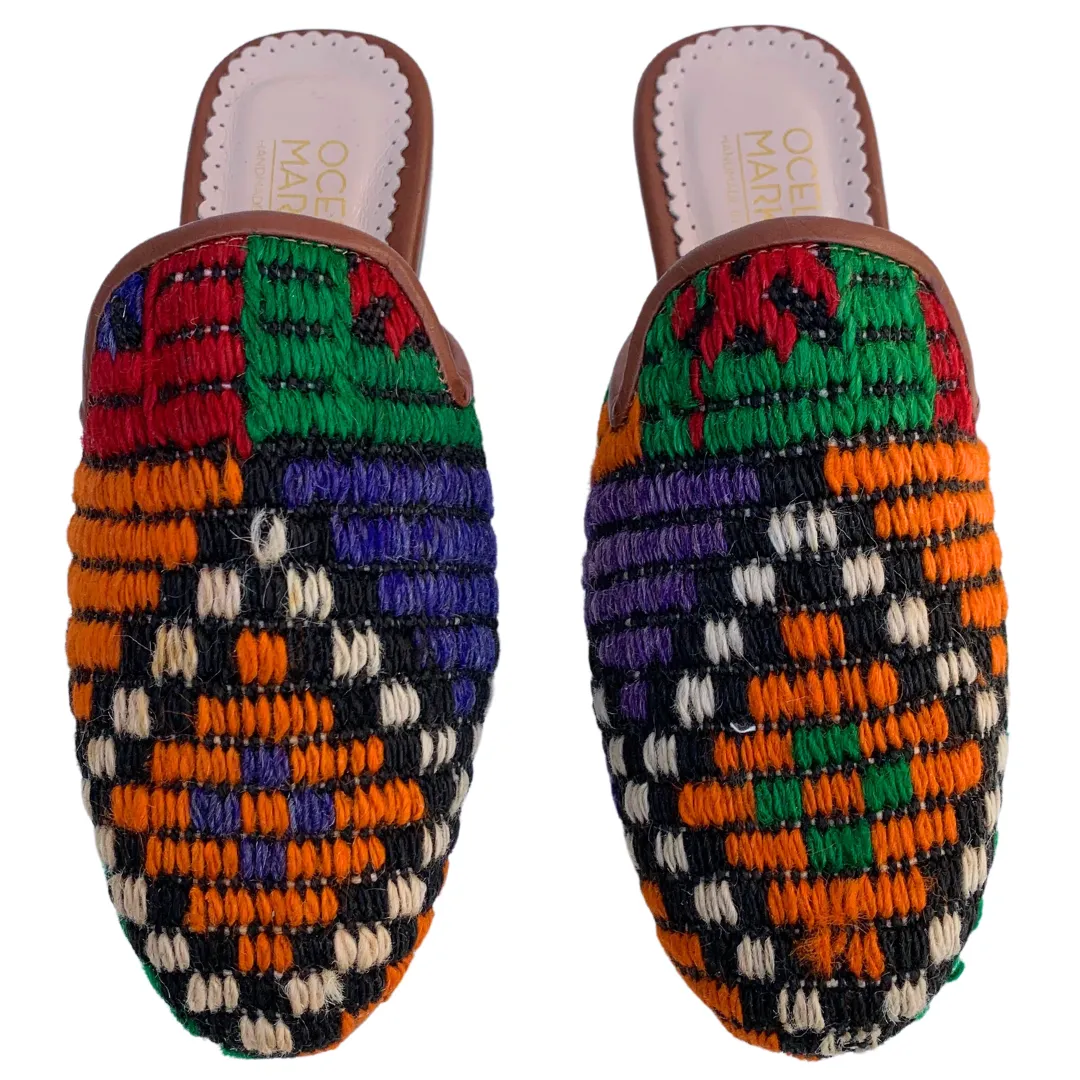 Women's Turkish Kilim Mules | Orange with Pattern