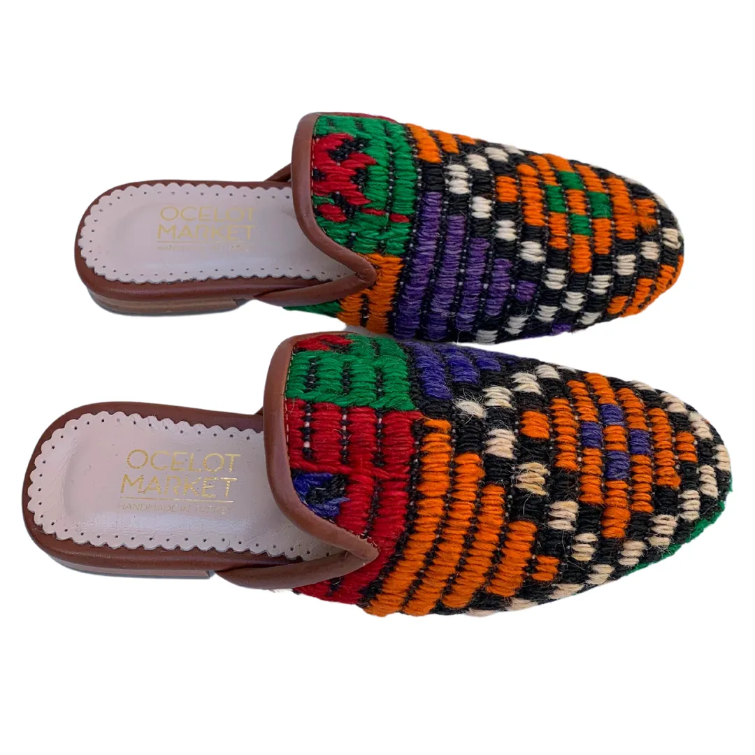 Women's Turkish Kilim Mules | Orange with Pattern