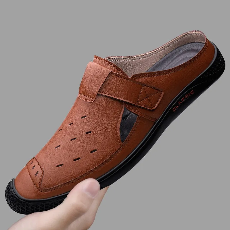 Xituodai  Summer New men half shoes Breathable Slip-On loafers High Quality Leather Mens Half Slipper Casual Brand Driving Shoes Moccasins